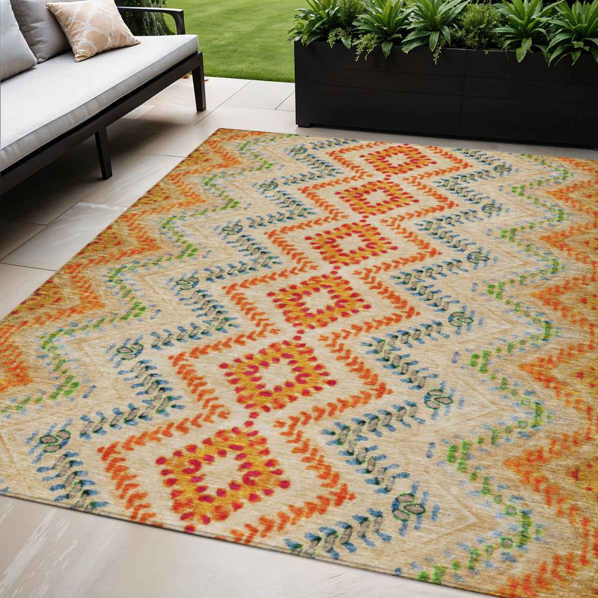 5' X 8' Beige Orange And Red Geometric Washable Indoor Outdoor Area Rug