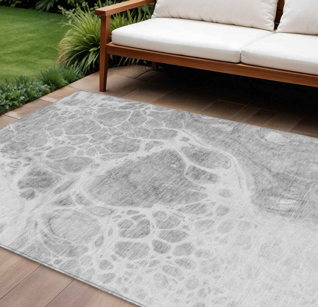 9' X 12' Gray Silver And Ivory Nautical Washable Indoor Outdoor Area Rug
