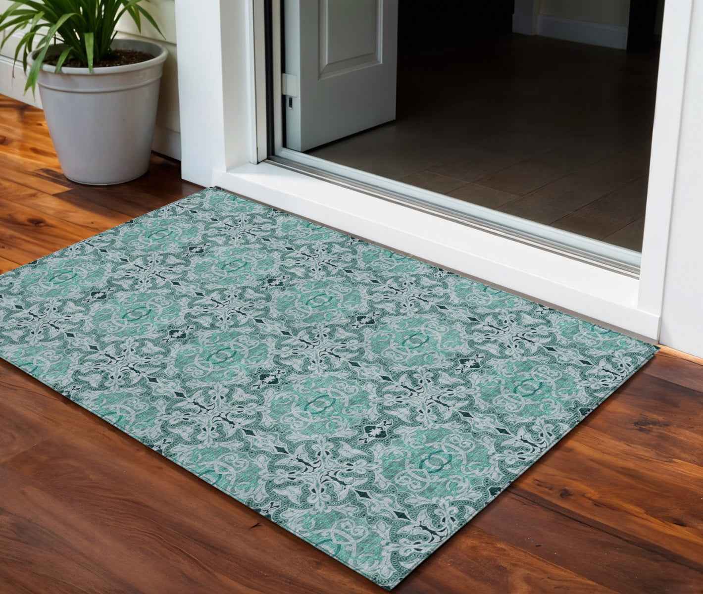 3' X 5' Teal Blue And Aqua Medallion Washable Indoor Outdoor Area Rug