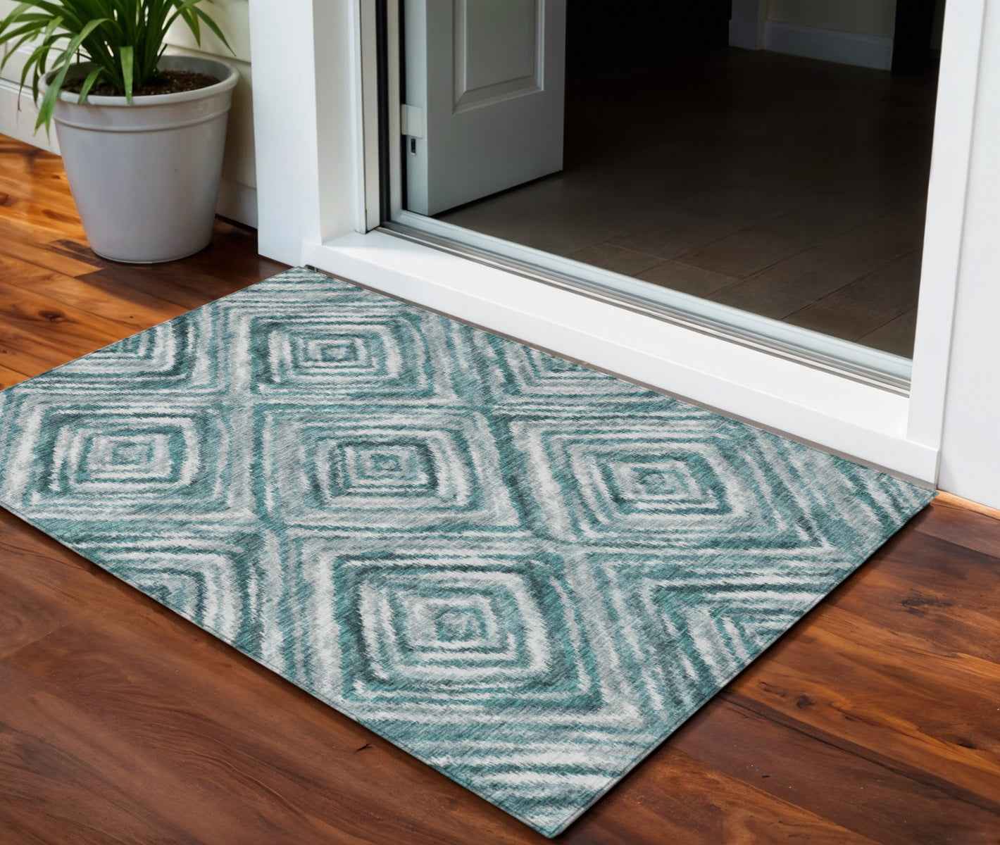 3' X 5' Teal Blue Aqua And Gray Geometric Washable Indoor Outdoor Area Rug