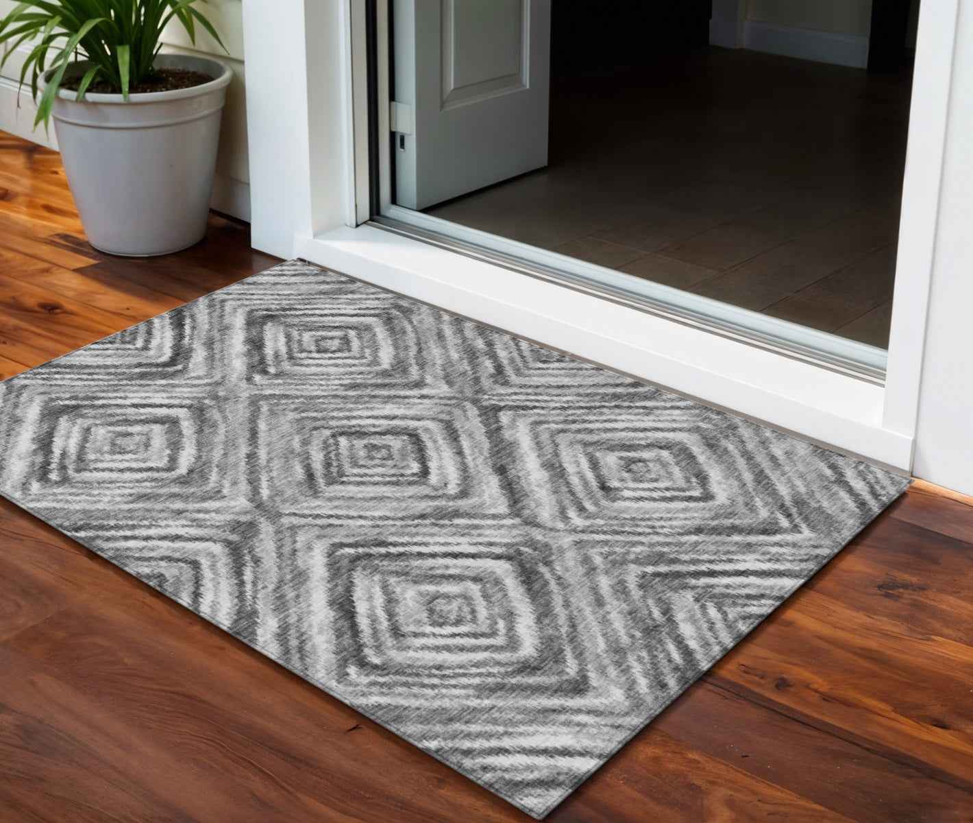 3' X 5' Gray Silver And Ivory Geometric Washable Indoor Outdoor Area Rug