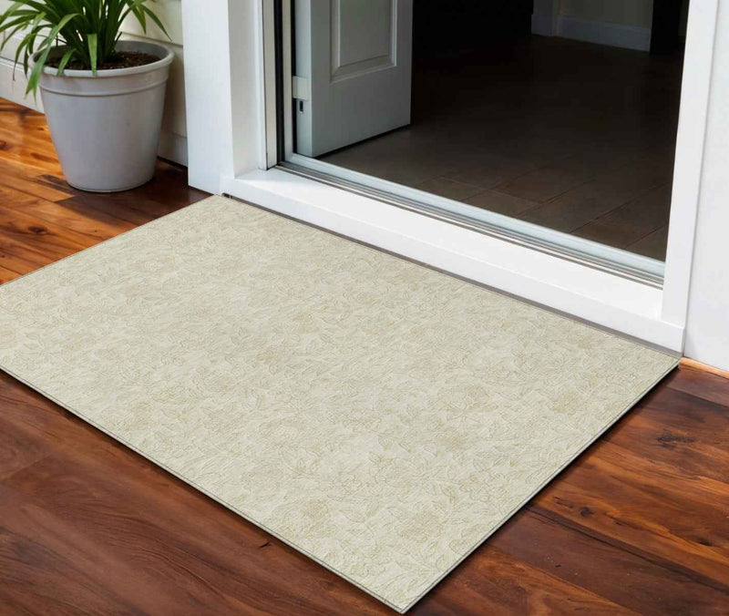 3' X 5' Ivory And Beige Floral Washable Indoor Outdoor Area Rug