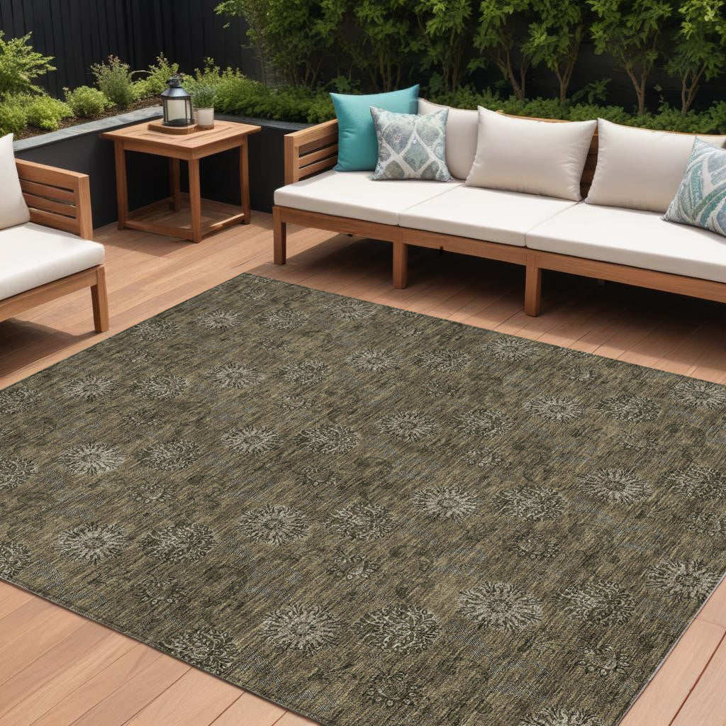 9' X 12' Brown And Beige Floral Washable Indoor Outdoor Area Rug - Outdoor