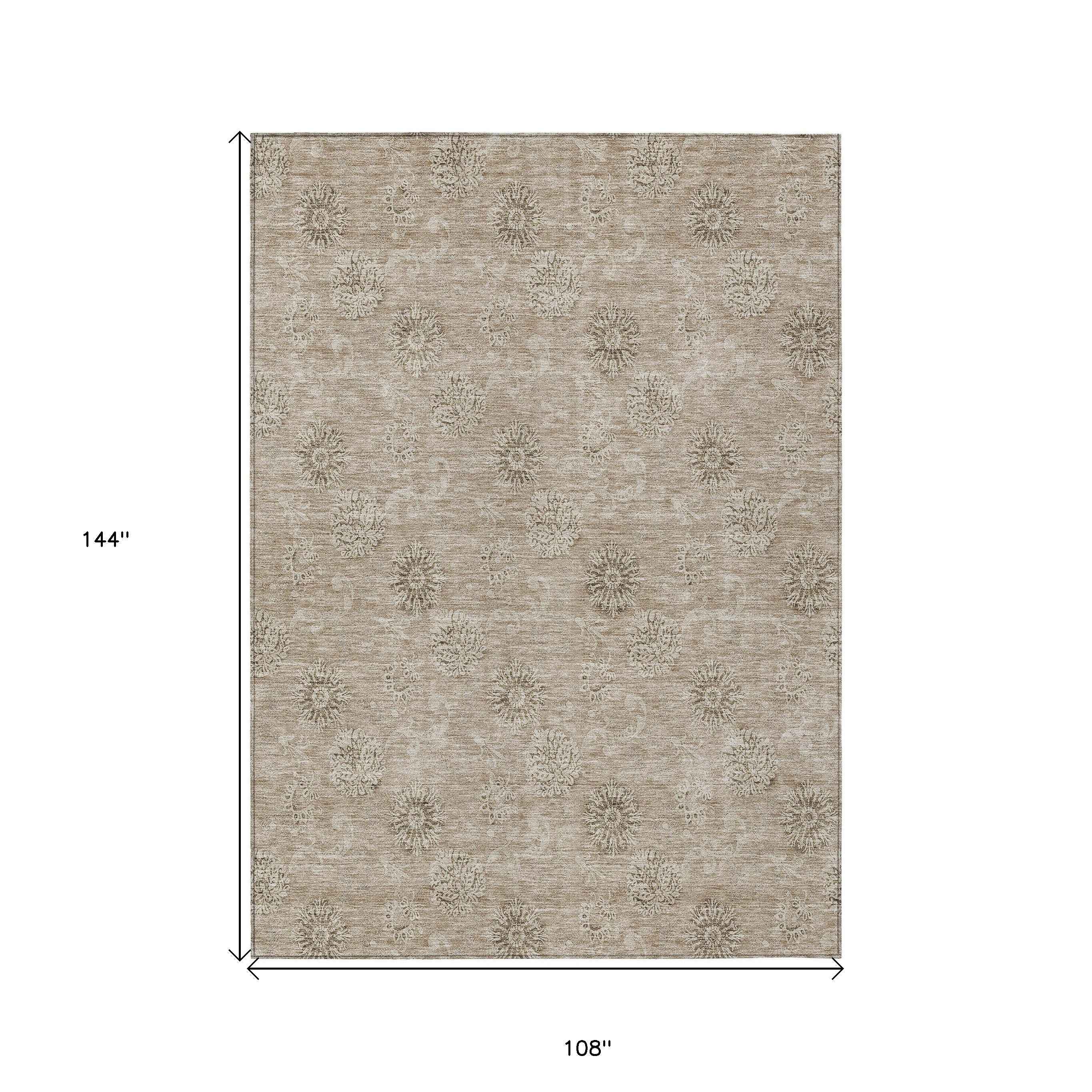 9' X 12' Khaki Beige And Tan Floral Washable Indoor Outdoor Area Rug