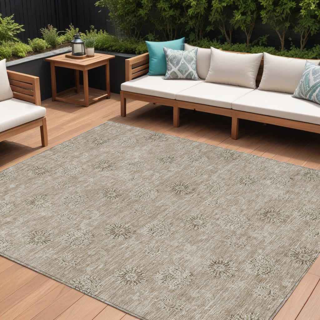 9' X 12' Khaki Beige And Tan Floral Washable Indoor Outdoor Area Rug
