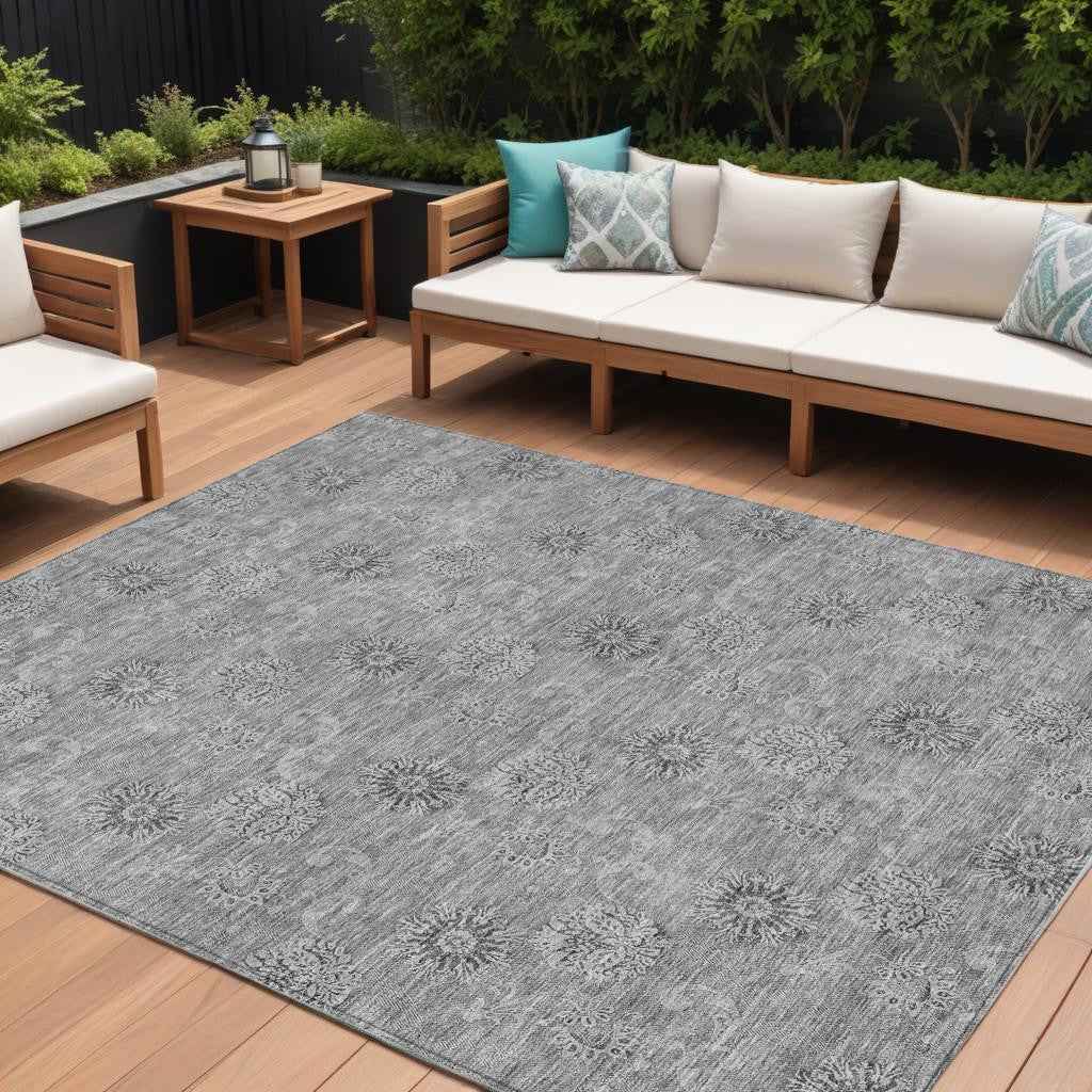 9' X 12' Pewter And Gray Floral Washable Indoor Outdoor Area Rug