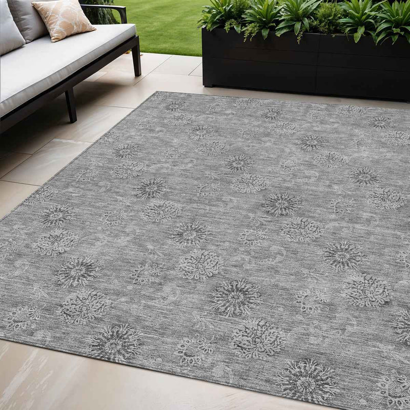 5' X 8' Pewter And Gray Floral Washable Indoor Outdoor Area Rug