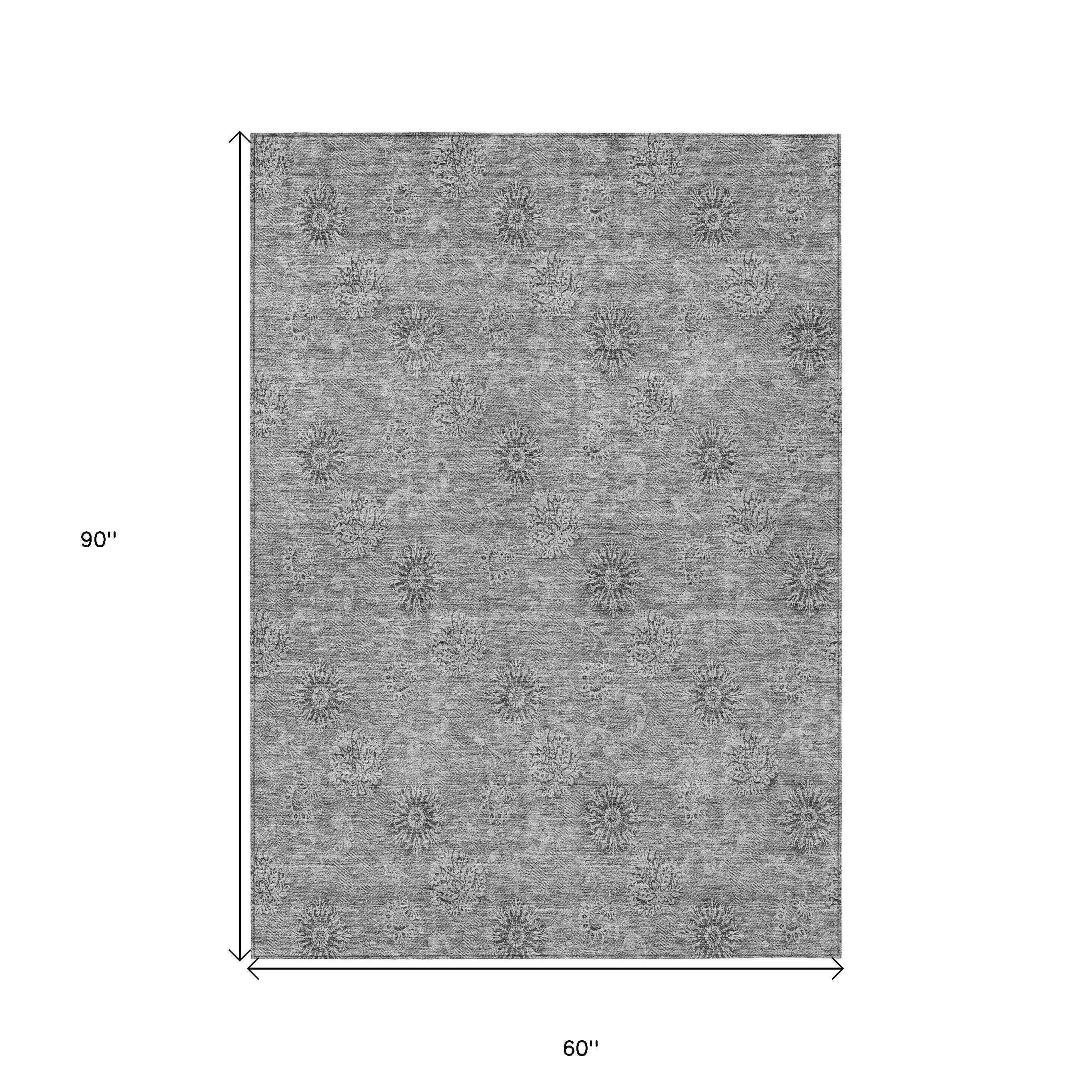 5' X 8' Pewter And Gray Floral Washable Indoor Outdoor Area Rug