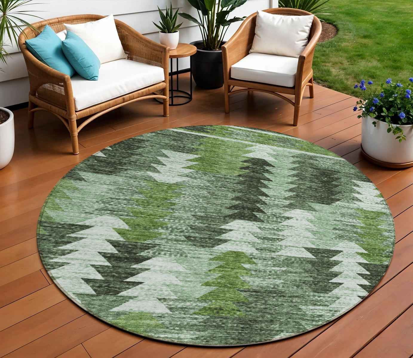 8' Olive Green And Fern Green Round Southwestern Washable Indoor Outdoor Area Rug