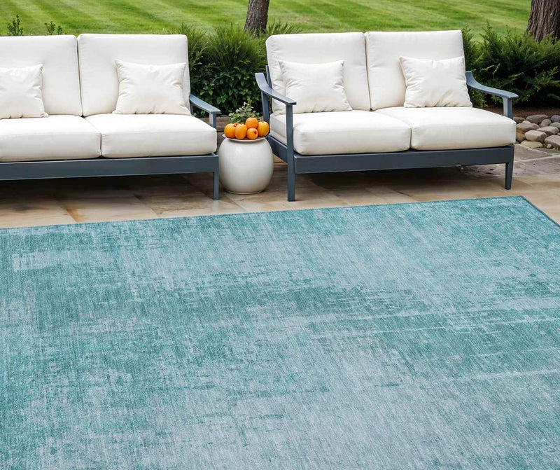 10' X 14' Aqua Teal Blue And Gray Abstract Washable Indoor Outdoor Area Rug