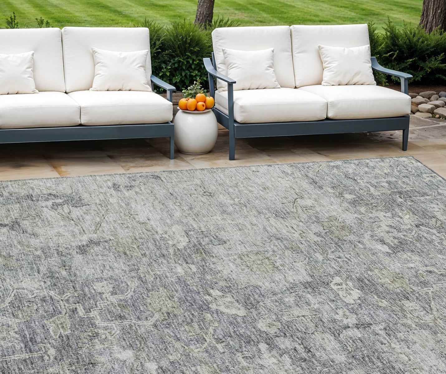 9' X 12' Gray Beige And Charcoal Oriental Washable Indoor Outdoor Area Rug