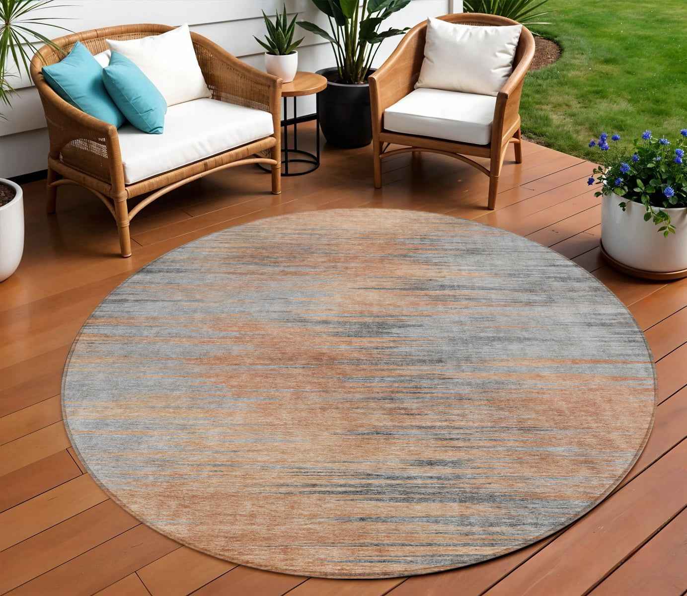 8' Salmon Gray And Charcoal Round Abstract Washable Indoor Outdoor Area Rug