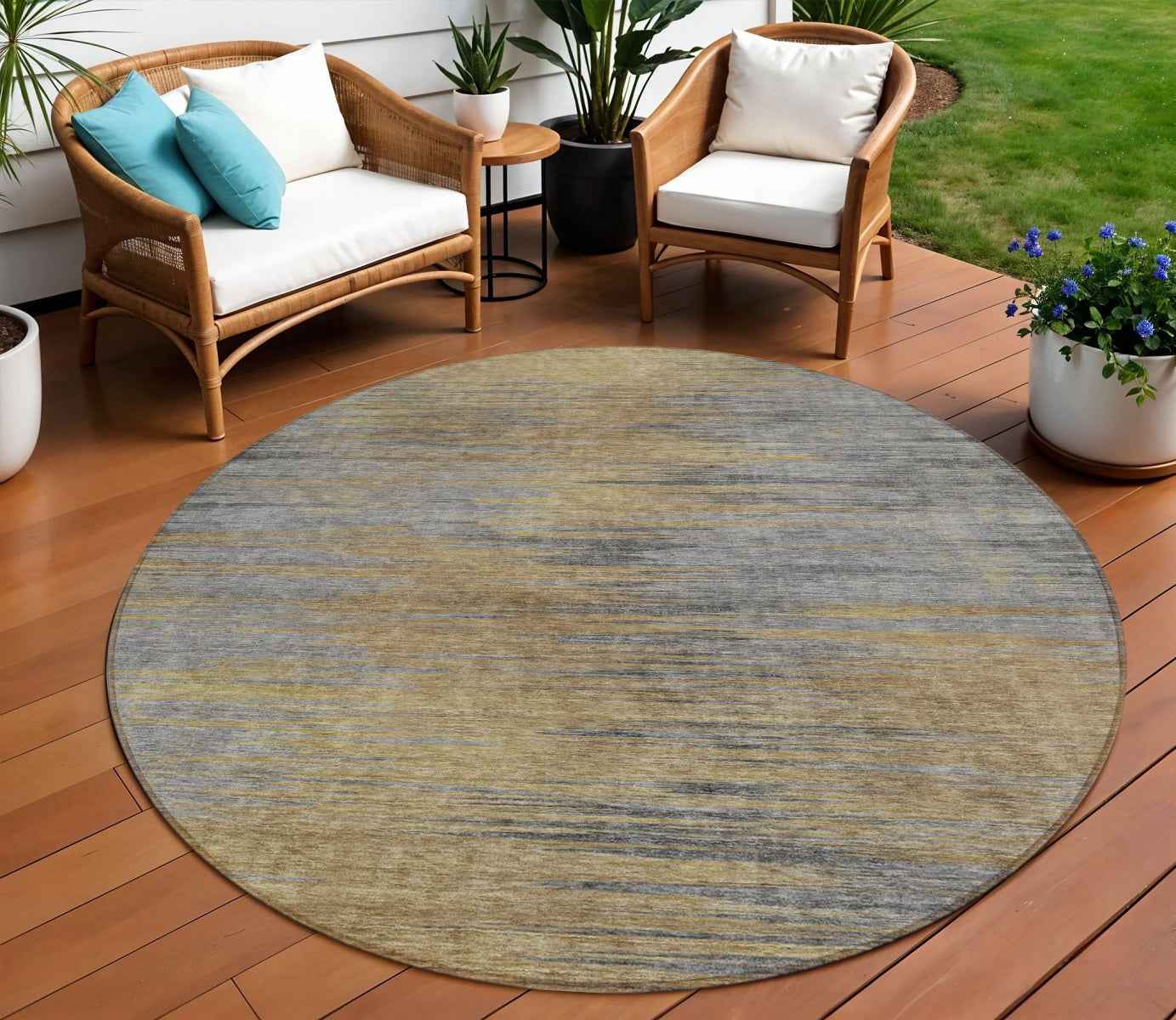 8' Brown Gold And Taupe Round Abstract Washable Indoor Outdoor Area Rug