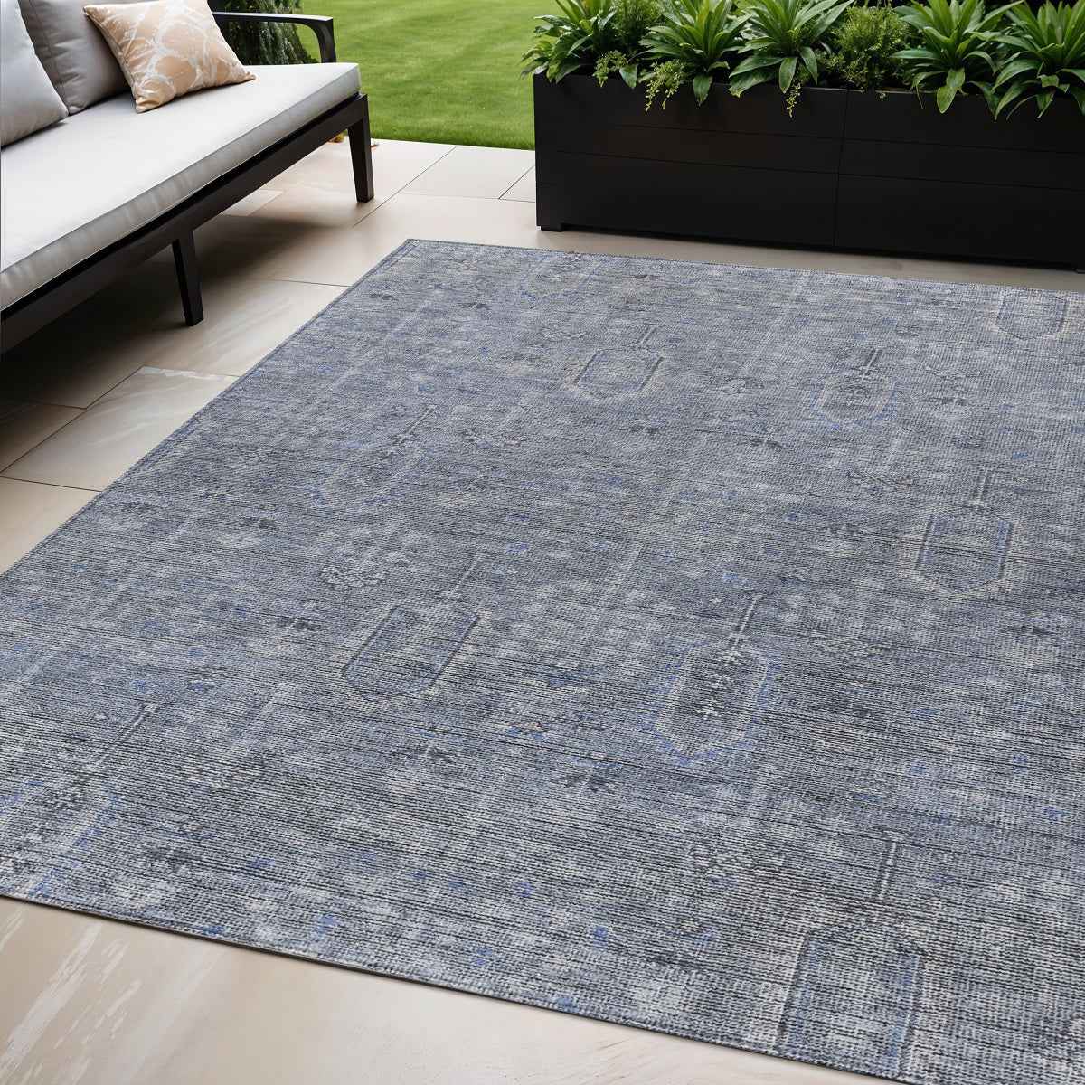 5' X 8' Navy Blue And Gray Southwestern Washable Indoor Outdoor Area Rug