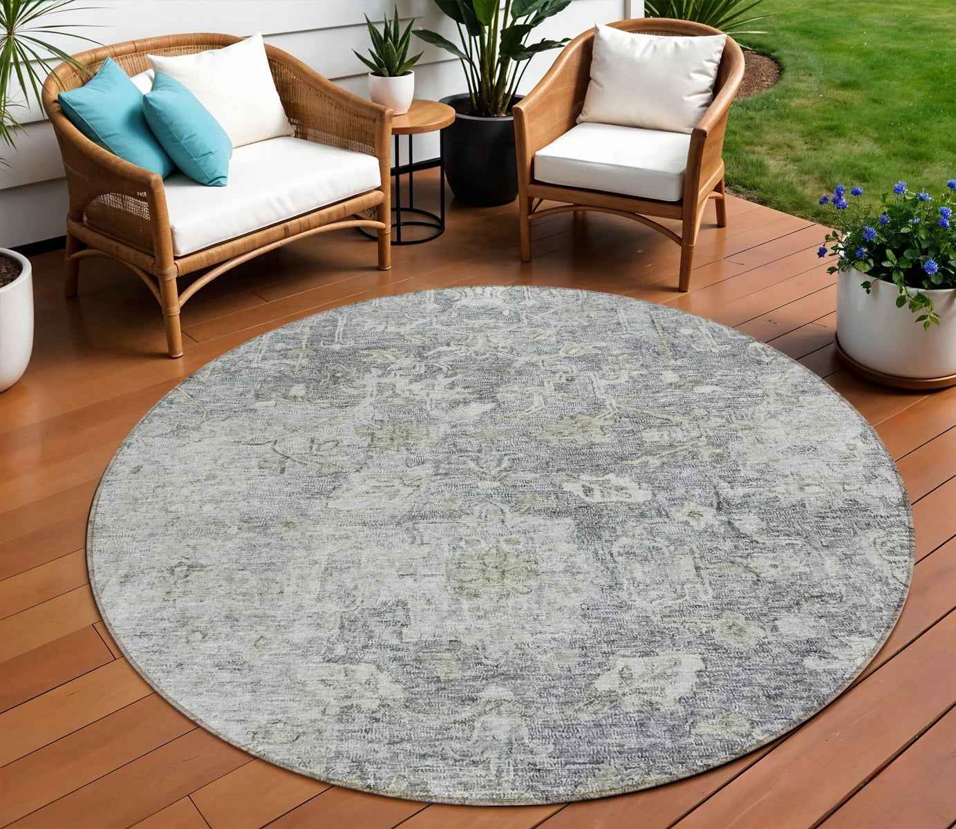 8' Gray Beige And Charcoal Round Oriental Washable Indoor Outdoor Area Rug