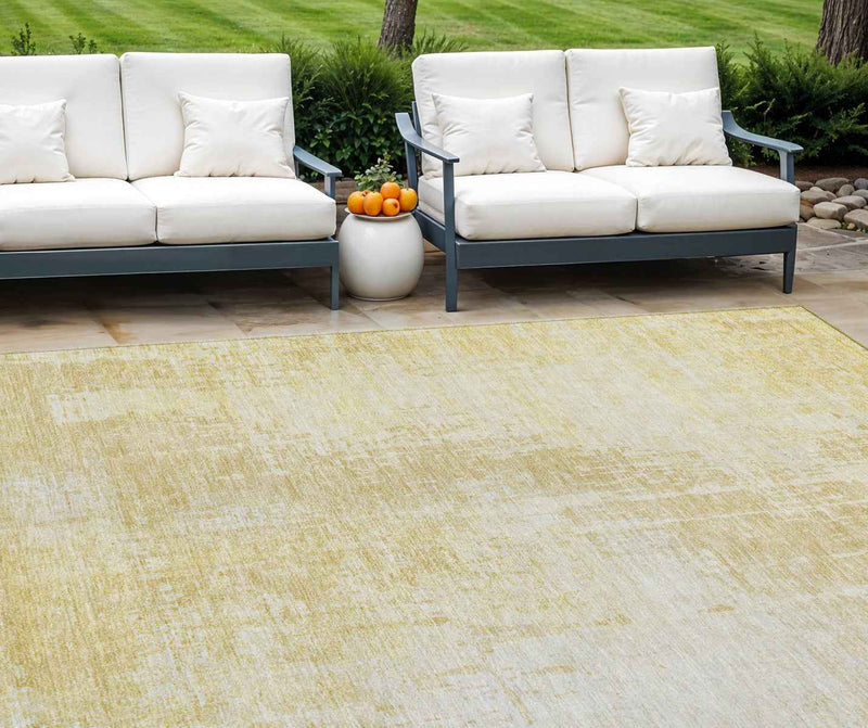 10' X 14' Gold Ivory And Beige Abstract Washable Indoor Outdoor Area Rug