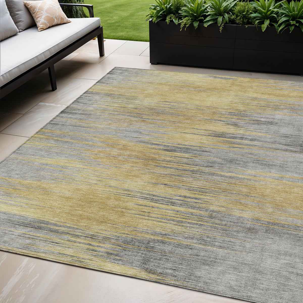 5' X 8' Gold Gray And Charcoal Abstract Washable Indoor Outdoor Area Rug