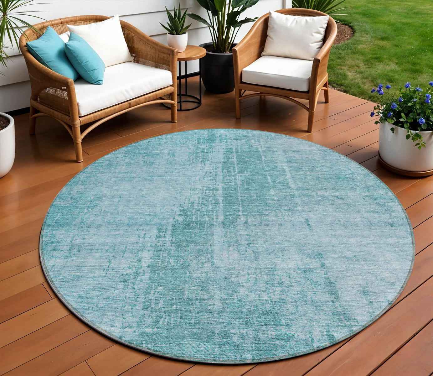 8' Aqua Teal Blue And Gray Round Abstract Washable Indoor Outdoor Area Rug
