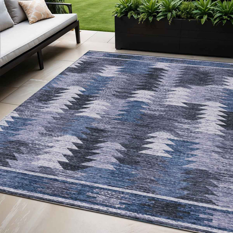 5' X 8' Navy Blue And Sky Blue Southwestern Washable Indoor Outdoor Area Rug