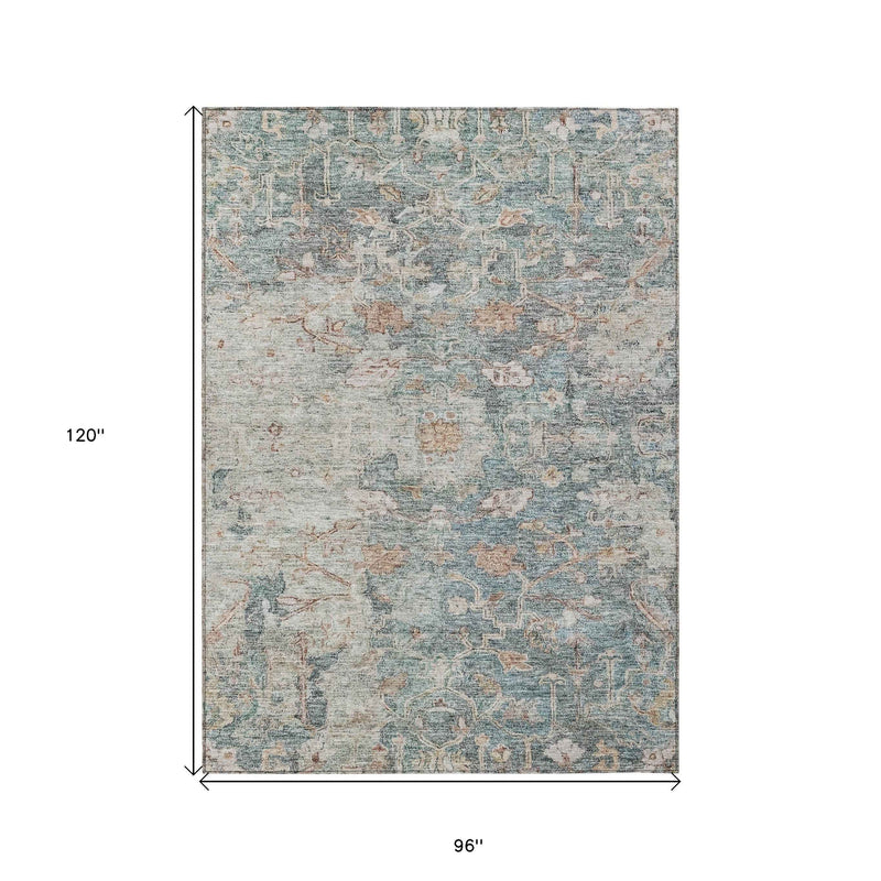 8' X 10' Green Blue And Gray Oriental Washable Indoor Outdoor Area Rug
