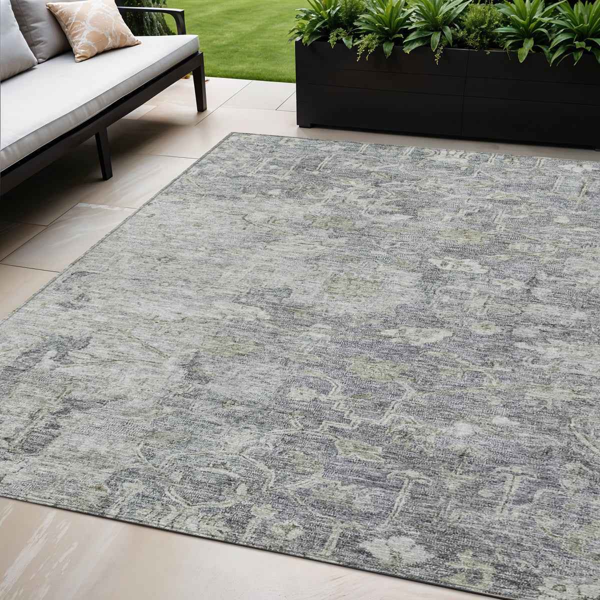 5' X 8' Gray Beige And Charcoal Oriental Washable Indoor Outdoor Area Rug