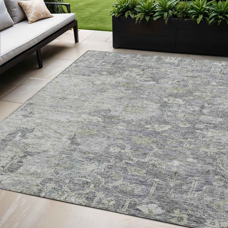 5' X 8' Gray Beige And Charcoal Oriental Washable Indoor Outdoor Area Rug