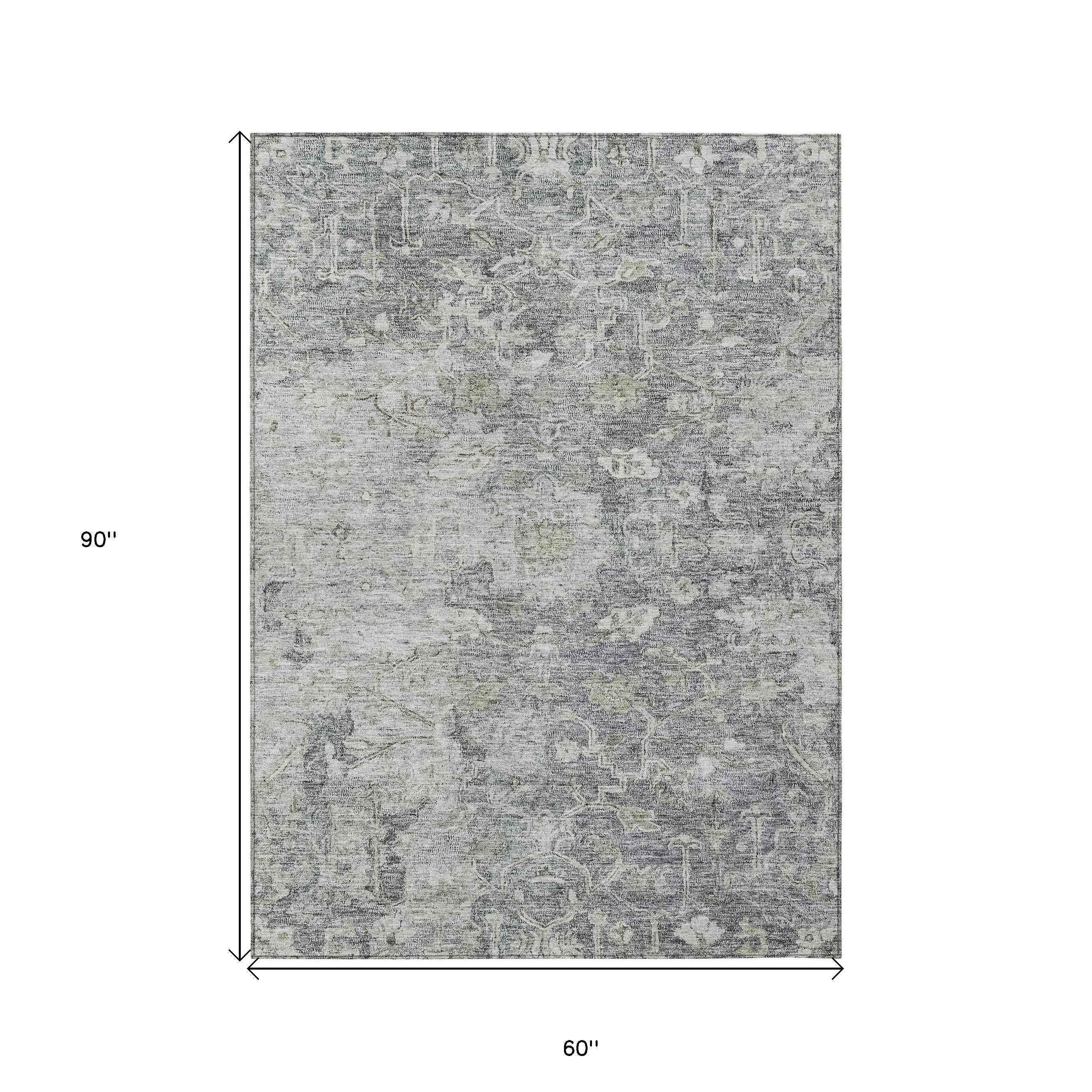 5' X 8' Gray Beige And Charcoal Oriental Washable Indoor Outdoor Area Rug