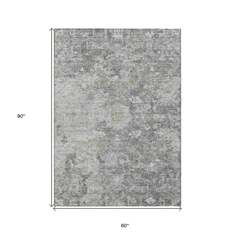 5' X 8' Gray Beige And Charcoal Oriental Washable Indoor Outdoor Area Rug