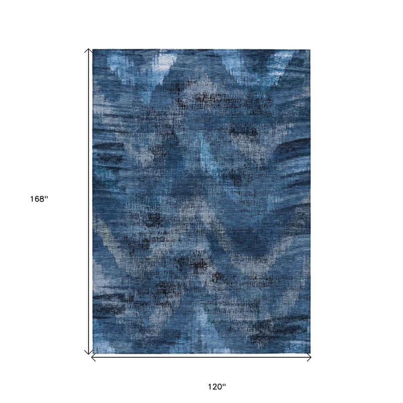 10' X 14' Navy Blue And Sky Blue Abstract Washable Indoor Outdoor Area Rug