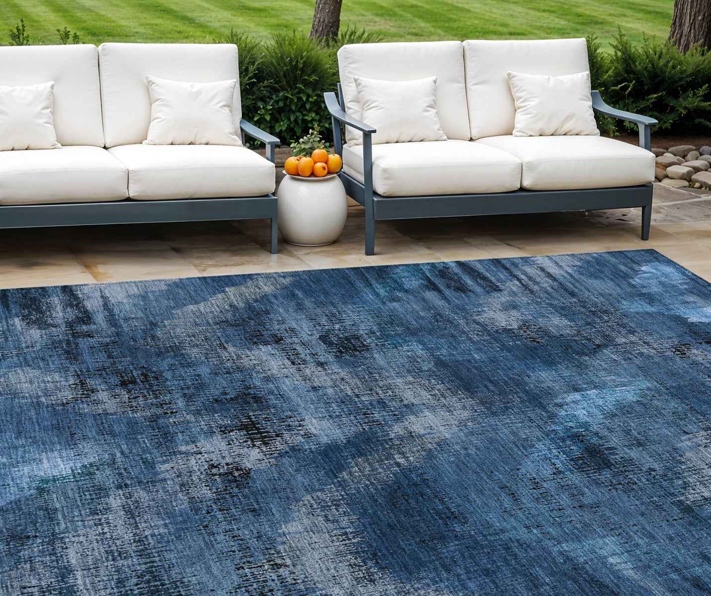 10' X 14' Navy Blue And Sky Blue Abstract Washable Indoor Outdoor Area Rug