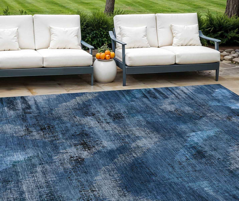 10' X 14' Navy Blue And Sky Blue Abstract Washable Indoor Outdoor Area Rug