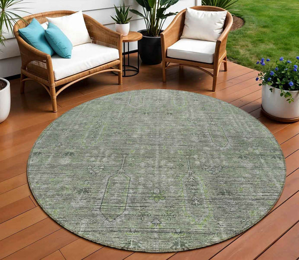 8' Fern Green And Gray Round Southwestern Washable Indoor Outdoor Area Rug