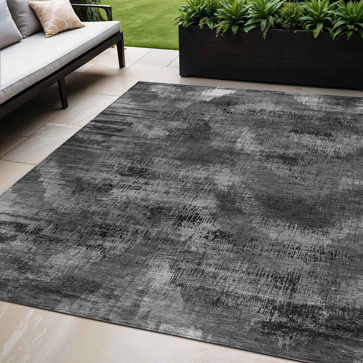 5' X 8' Gray Charcoal And Silver Abstract Washable Indoor Outdoor Area Rug