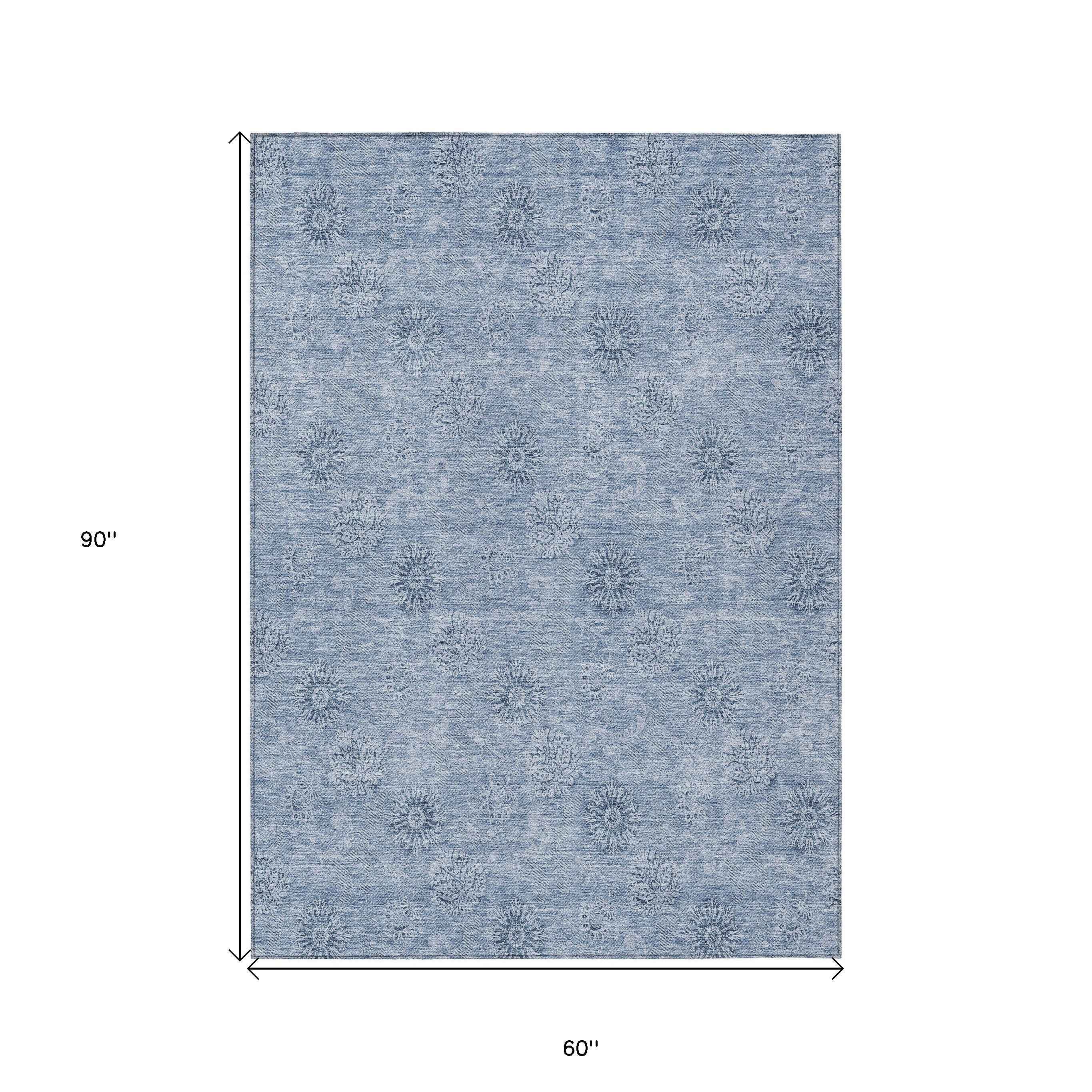 5' X 8' Sky Blue And Blue Floral Washable Indoor Outdoor Area Rug