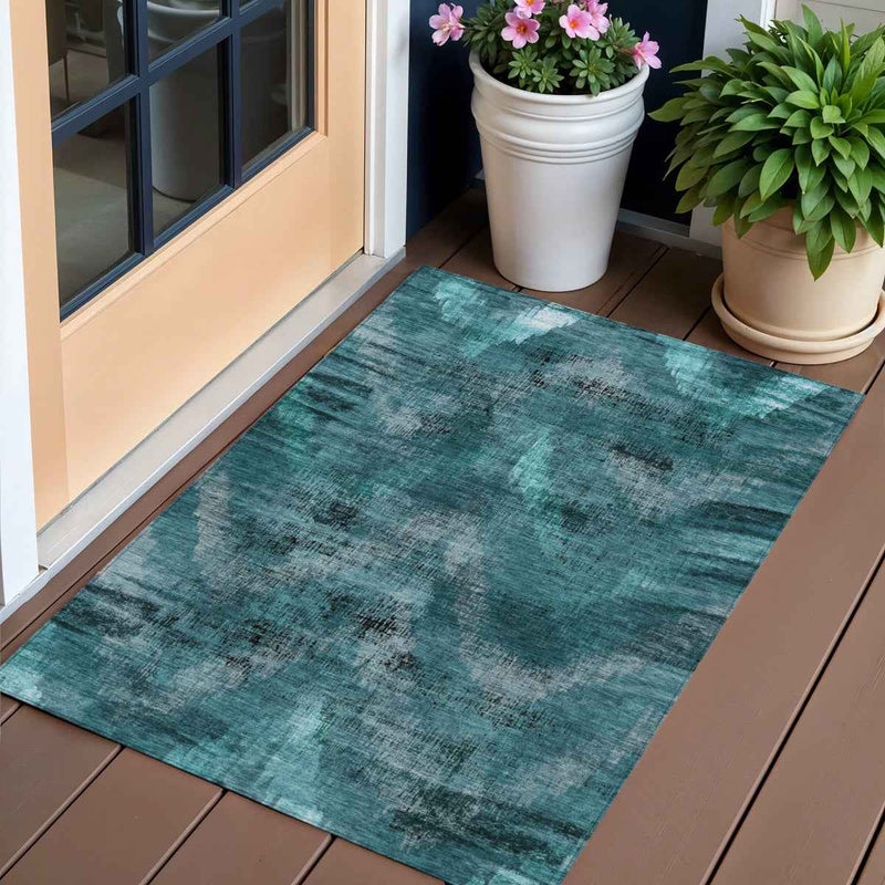 3' X 5' Teal Blue Aqua And Gray Abstract Washable Indoor Outdoor Area Rug