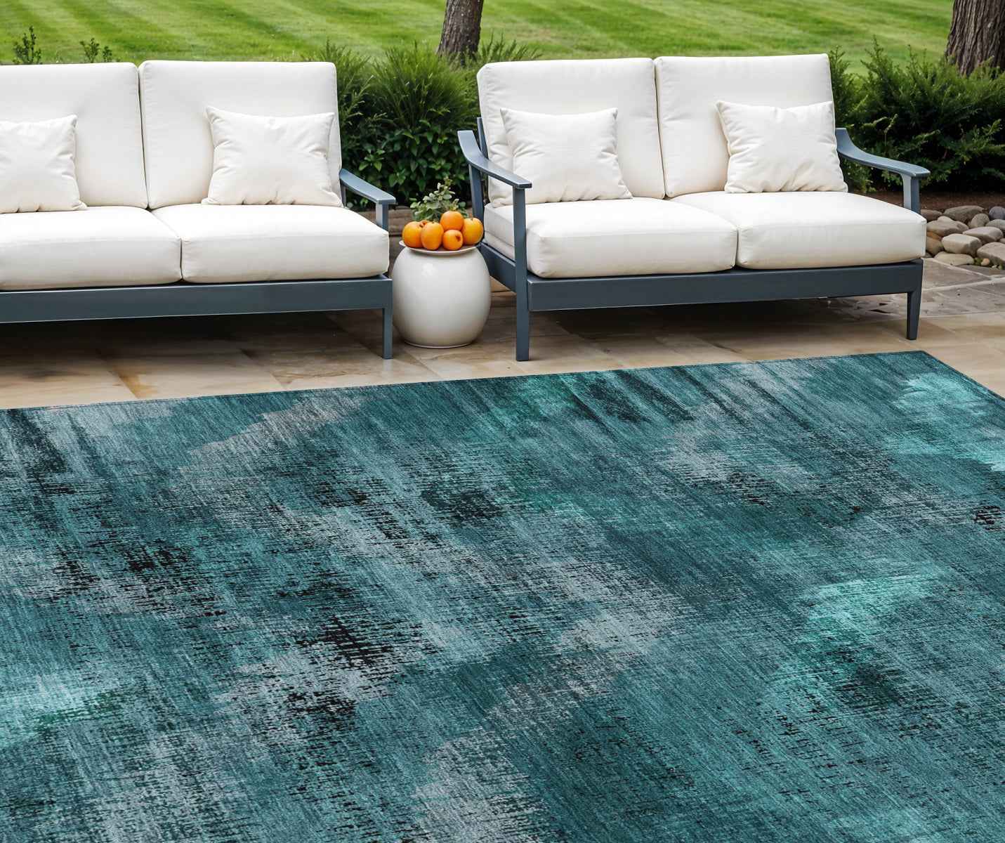 9' X 12' Teal Blue Aqua And Gray Abstract Washable Indoor Outdoor Area Rug