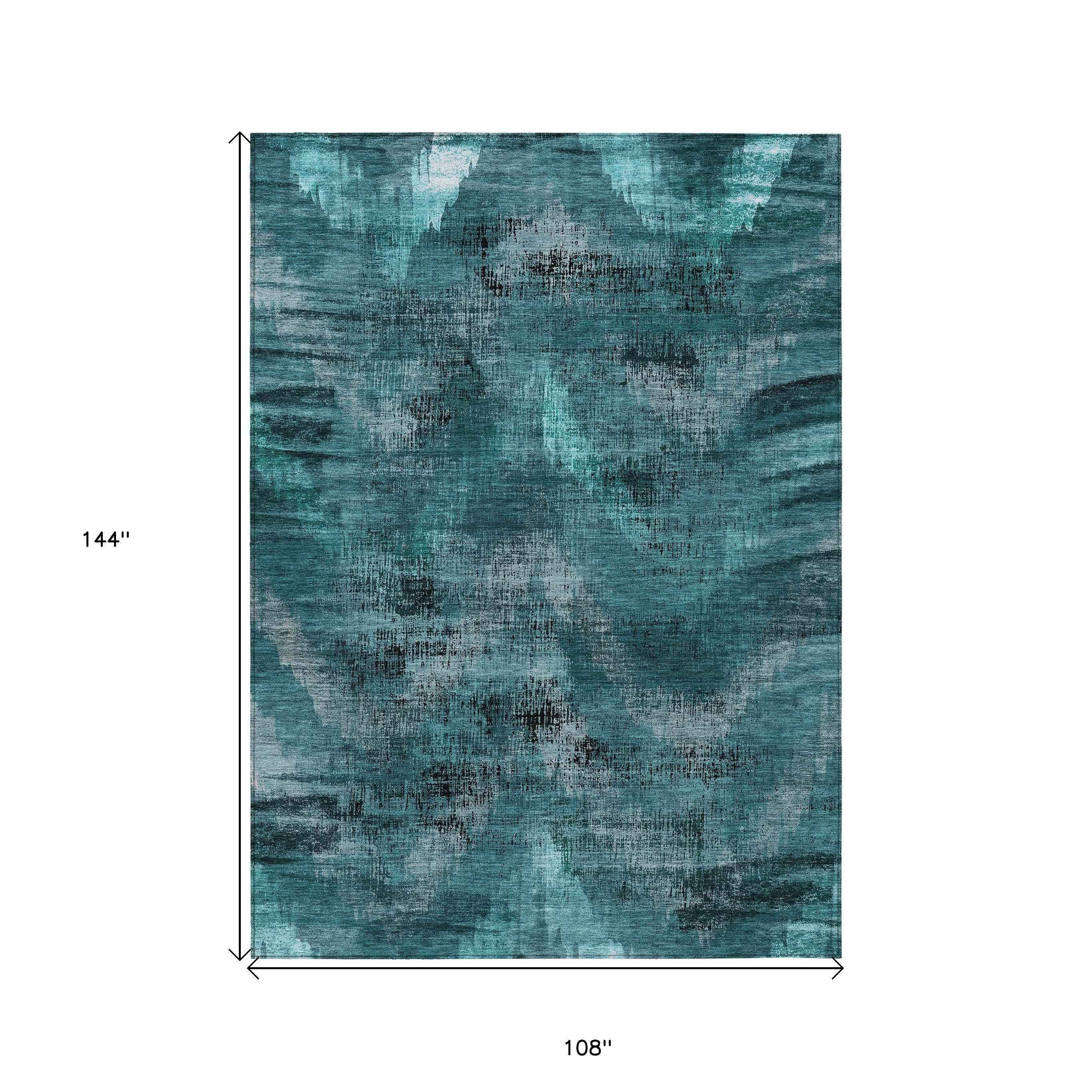 9' X 12' Teal Blue Aqua And Gray Abstract Washable Indoor Outdoor Area Rug