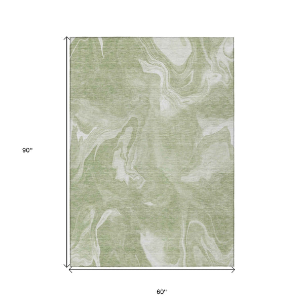5' X 8' Artichoke Green Fern Green And Ivory Abstract Washable Indoor Outdoor Area Rug