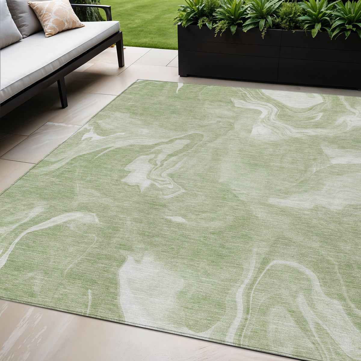 5' X 8' Artichoke Green Fern Green And Ivory Abstract Washable Indoor Outdoor Area Rug