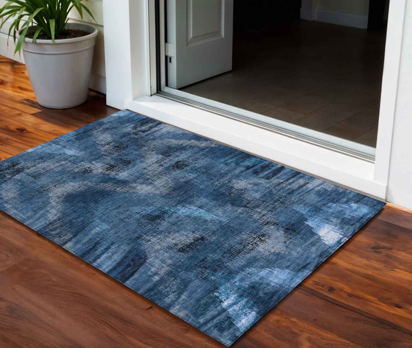 3' X 5' Navy Blue And Sky Blue Abstract Washable Indoor Outdoor Area Rug