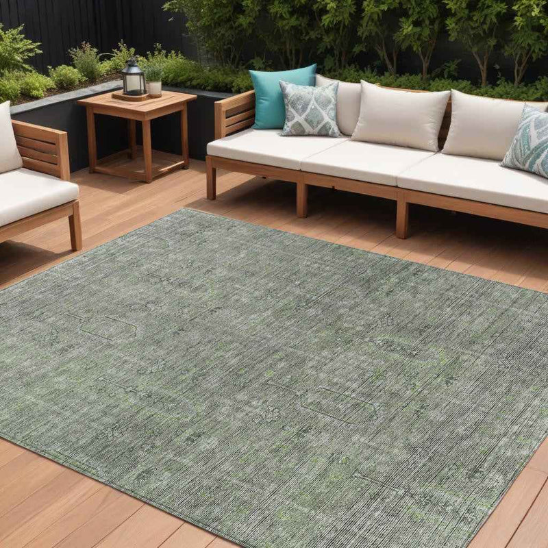 10' X 14' Fern Green And Gray Southwestern Washable Indoor Outdoor Area Rug