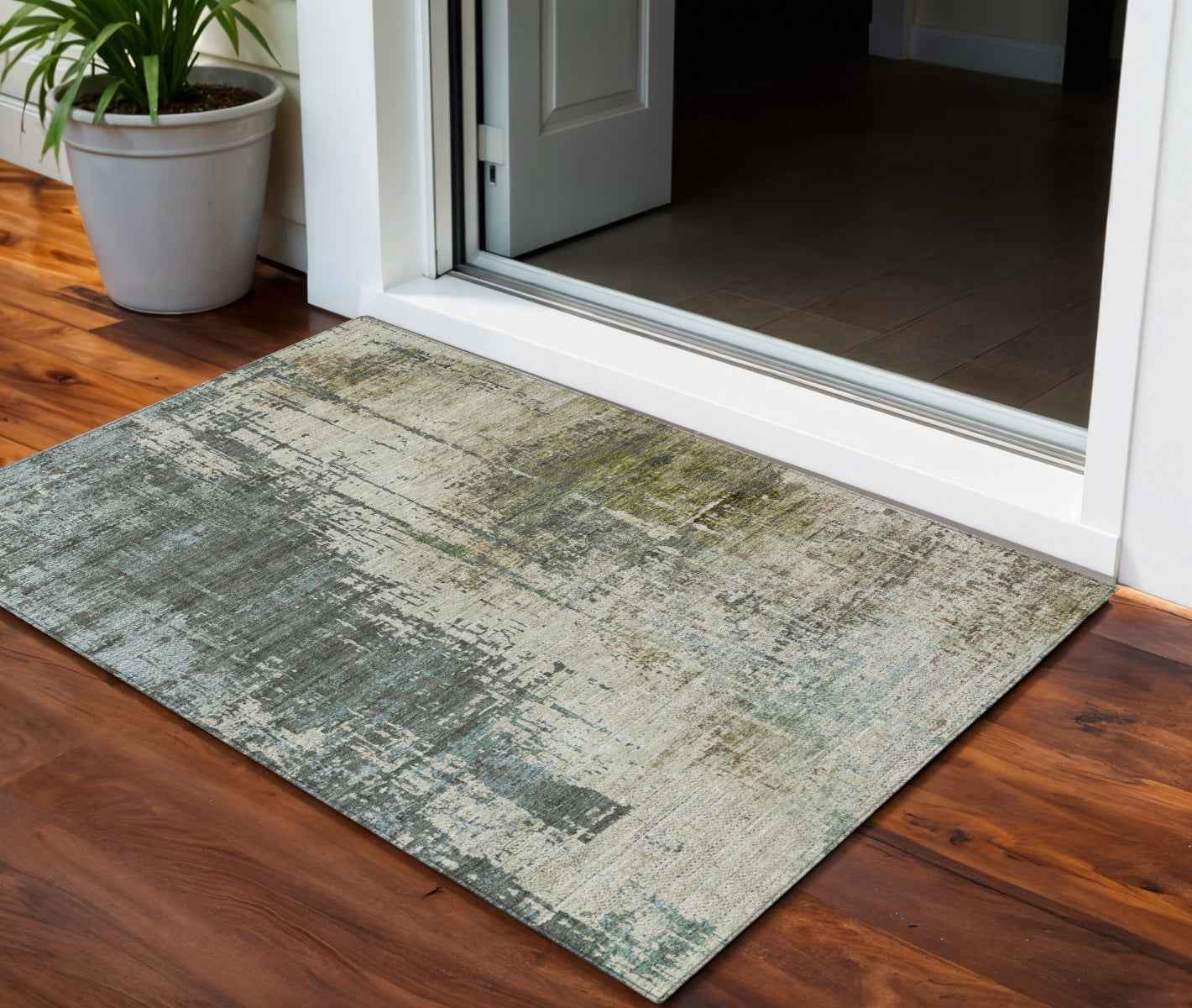 3' X 5' Sage Beige And Brown Abstract Washable Indoor Outdoor Area Rug