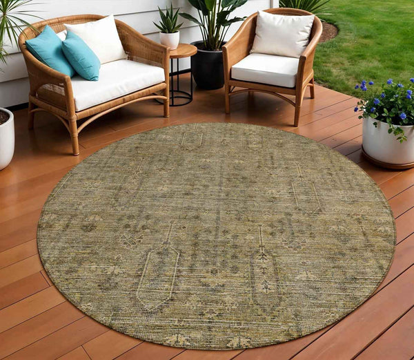 8' Brown And Beige Round Southwestern Washable Indoor Outdoor Area Rug