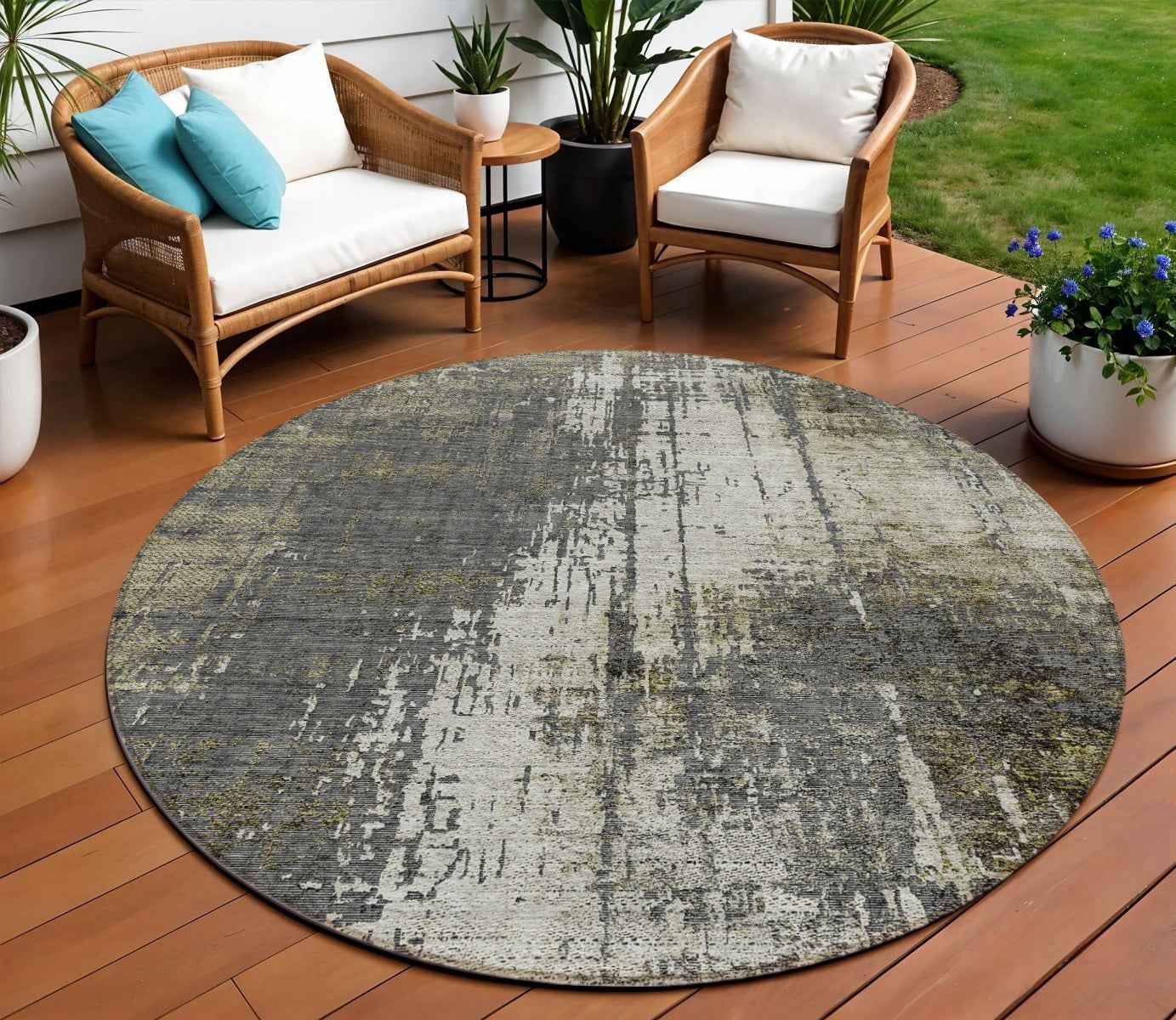 8' Taupe Beige And Olive Green Round Abstract Washable Indoor Outdoor Area Rug