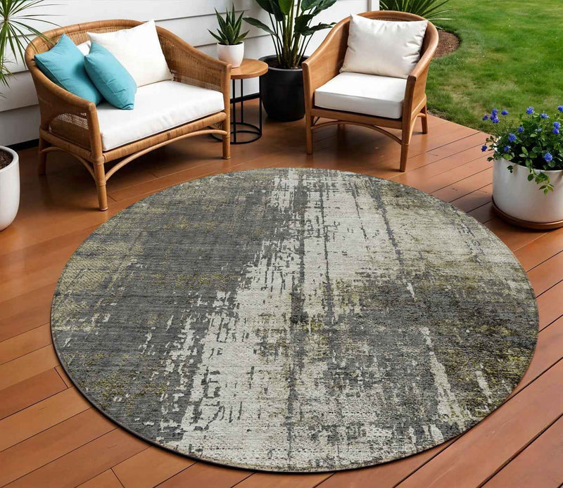 8' Taupe Beige And Olive Green Round Abstract Washable Indoor Outdoor Area Rug