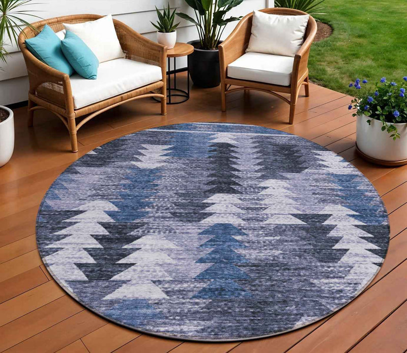8' Navy Blue And Sky Blue Round Southwestern Washable Indoor Outdoor Area Rug