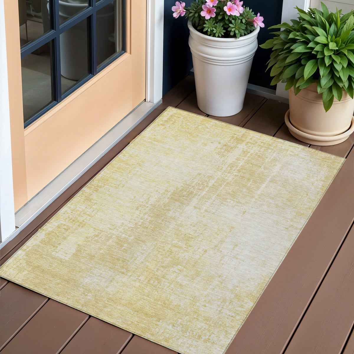 3' X 5' Gold Ivory And Beige Abstract Washable Indoor Outdoor Area Rug