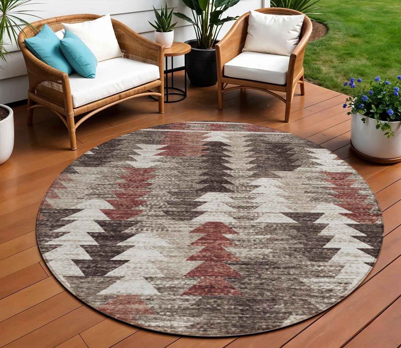 8' Brown And Ivory Round Southwestern Washable Indoor Outdoor Area Rug