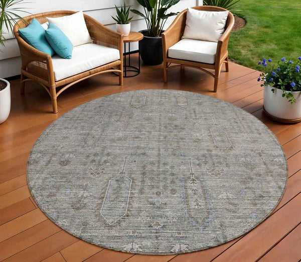 8' Gray And Silver Round Southwestern Washable Indoor Outdoor Area Rug Default Title