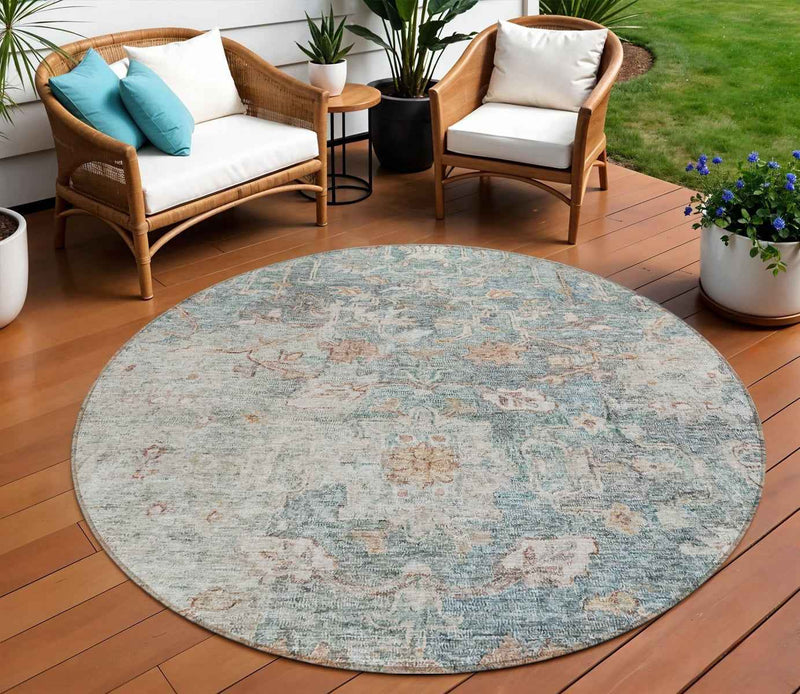 8' Green Blue And Gray Round Oriental Washable Indoor Outdoor Area Rug